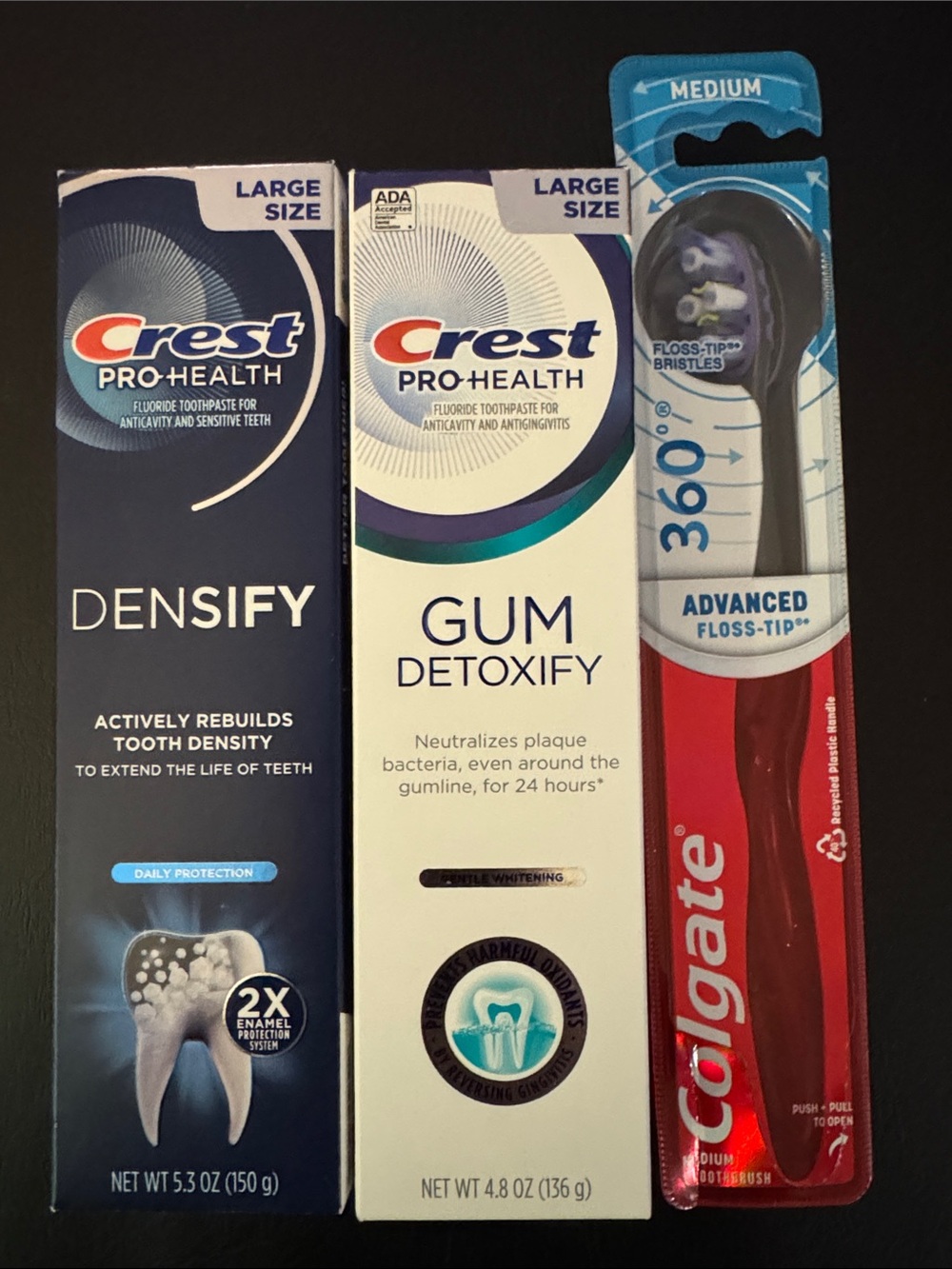 NEW: CREST LOT pro-health Densify & Gum Detoxify Toothpaste & Colgate Toothbrush